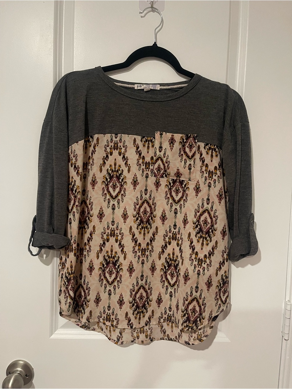 Jolt Gray Knit Yoke Cream Blouse with Patterned Front